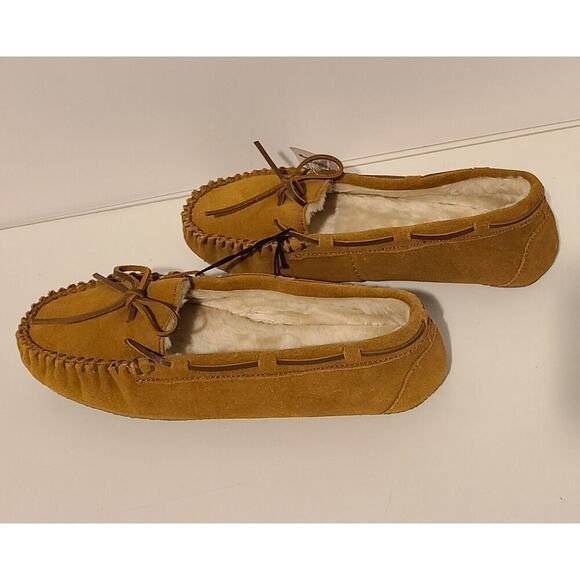 WOMEN'S MINNETONKA LEATHER SUEDE SLIPPERS MOCS FAUX SHEARLING LINING 11M NEW - Picture 5 of 10